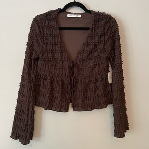 NWT Altar'd State Tie Front Ruffle Top Brown Size S Stretch Cropped Boho Cottage